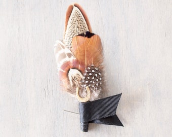 Feather and Horseshoe Charm Rustic Wedding Boutonniere, Groomsmen Buttonhole