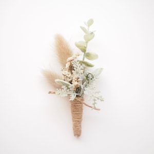 Dried Flower, Eucalyptus, Lambs Leaf, Boutonniere Faux Everlasting Greenery Buttonhole for Groomsmen