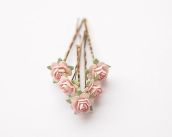 Pale Pink Bridal Rose Hair Pin, Flower Bobby Pin Bridesmaid Flower Girl Set of 5