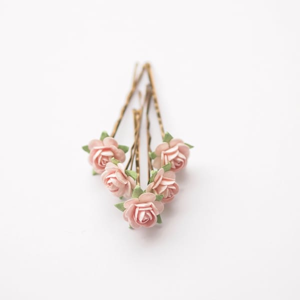 Pale Pink Bridal Rose Hair Pin, Flower Bobby Pin Bridesmaid Flower Girl Set of 5