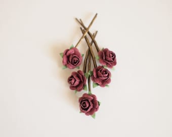 Burgundy Bridal Rose Hair Pin, Flower Bobby Pin Bridesmaid Flower Girl Set of 5