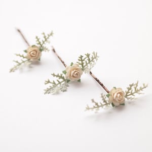 Set of 3 Delicate Ivory Rosebud and Foliage Hair Pins , Wedding Hair Accessories