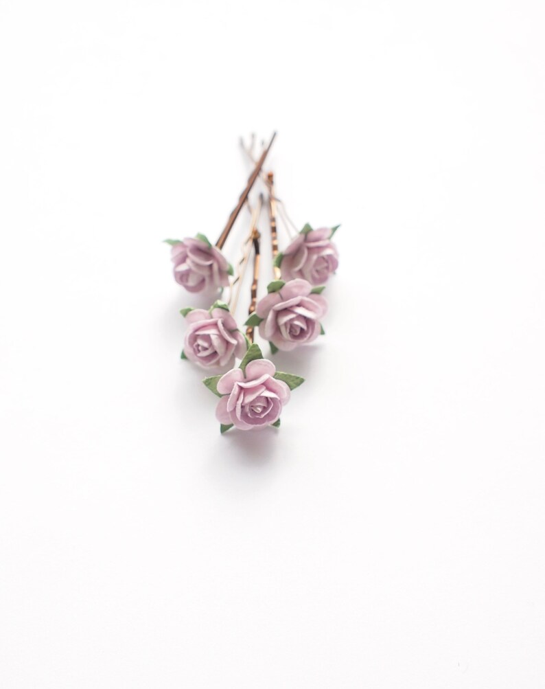 Lilac Bridal Rose Hair Pin, Flower Bobby Pin Bridesmaid Flower Girl Set of 5 image 1