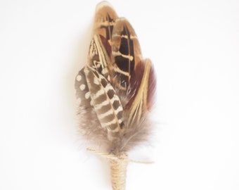 Rustic Wedding Feather Boutonniere, Men's Lapel Pin, Grooms Buttonhole, Everlasting Keepsake