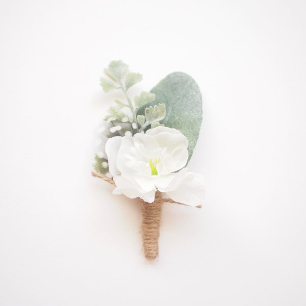 Rustic Lambs Leaf, Fern, Cream Delphinium and Feather Boutonniere Everlasting Keepsake Grooms Buttonhole
