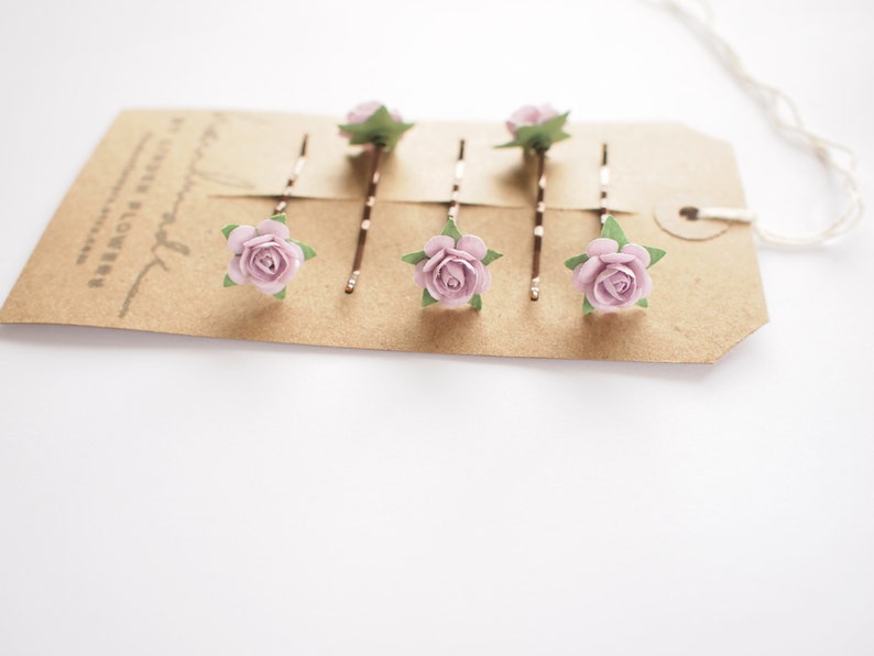 Lilac Bridal Rose Hair Pin, Flower Bobby Pin Bridesmaid Flower Girl Set of 5 image 3