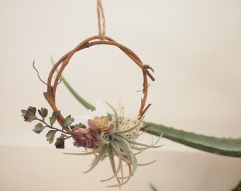 Mini Faux Succulent Fern and Moss Wreath, Tree Hanger, Decoration