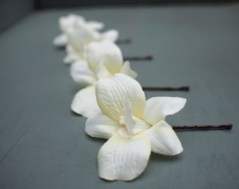 Set of 4 Beautiful Ivory Silk Dendrobium Orchid Bridal Hair Flowers Wedding