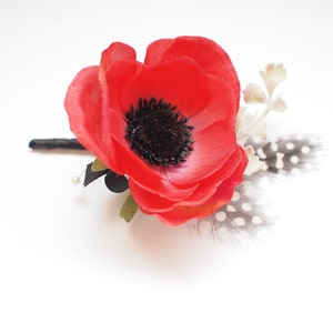 Vibrant Red Silk Poppy Boutonniere Buttonhole Pin on Corsage image 2