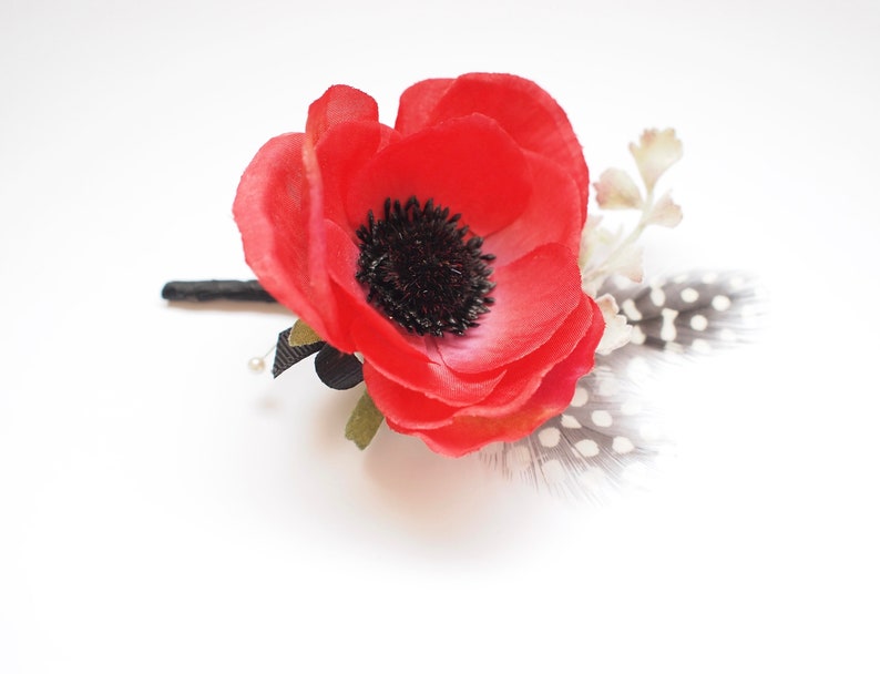 Vibrant Red Silk Poppy Boutonniere Buttonhole Pin on Corsage image 2