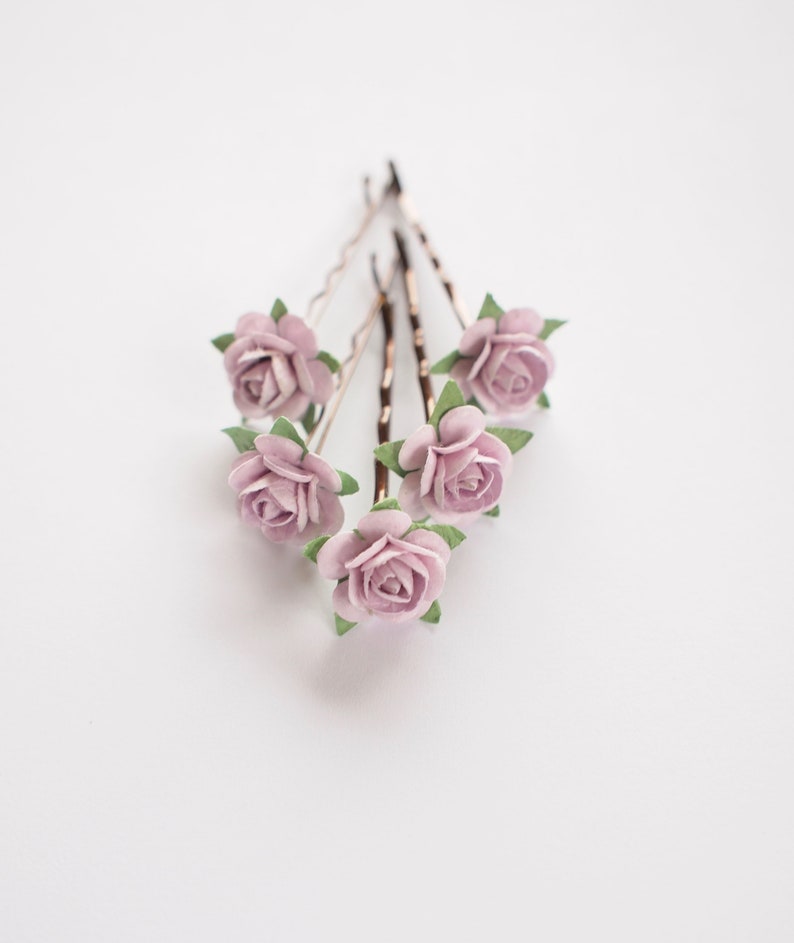 Lilac Bridal Rose Hair Pin, Flower Bobby Pin Bridesmaid Flower Girl Set of 5 image 5