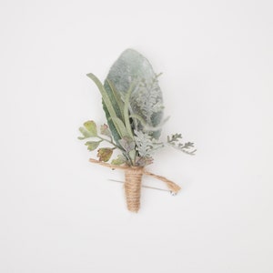 Eucalyptus, Lambs Leaf, Boutonniere Faux Everlasting Greenery Buttonhole for Groomsmen