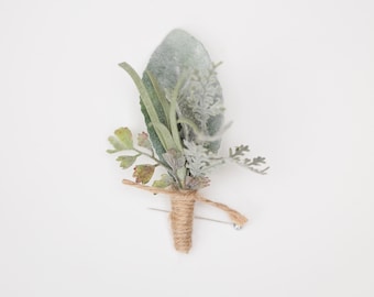 Eucalyptus, Lambs Leaf, Boutonniere Faux Everlasting Greenery Buttonhole for Groomsmen