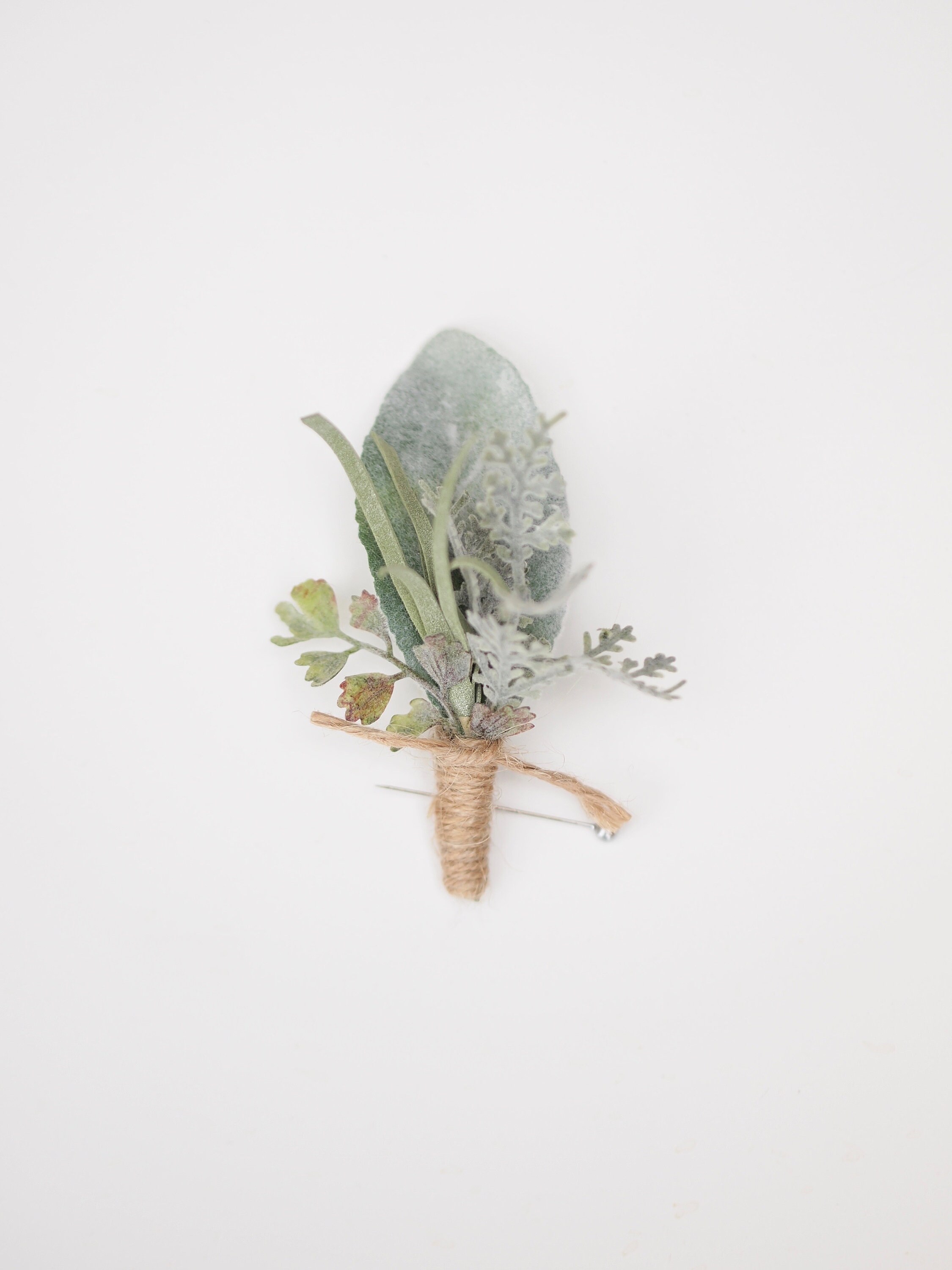 Eucalyptus, Lambs Leaf, Boutonniere Faux Everlasting Greenery Buttonhole For Groomsmen