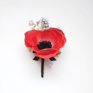 Vibrant Red Silk Poppy Boutonniere Buttonhole Pin on Corsage