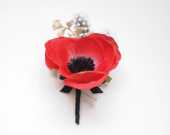 Vibrant Red Silk Poppy Boutonniere Buttonhole Pin on Corsage