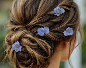 Flores para el cabello de novia Something Blue - Horquillas de delfinio pintadas a mano (juego de 4) - Accesorios florales para bodas bohemias