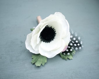 White Poppy, Anemone and Feather Wedding Boutonniere, Corsage