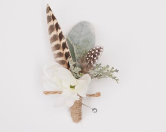 Rustic Feather and Foliage Boutonnière