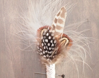 Rustic Feather and Lace Boutonniere, Feather Buttonhole, Lapel Pin, Everlasting Keepsake