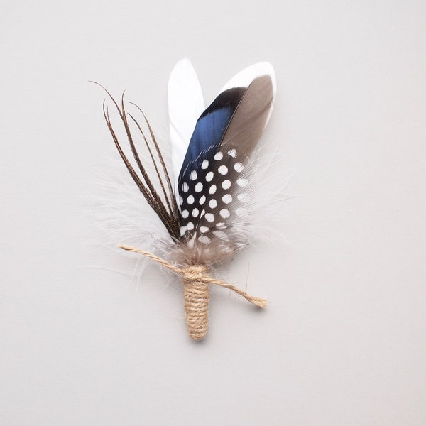 Rustic Wedding Natural Feather Boutonniere, Men's Lapel Pin, Grooms Buttonhole