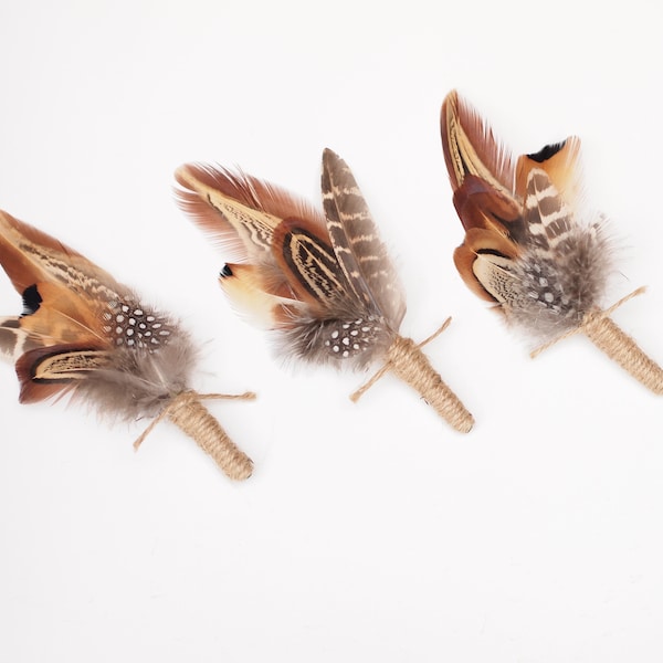 Set of 3 Mixed pheasant Feather Rustic Boutonniere Groomsmen Buttonholes