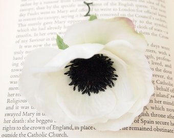 Stunning White Anemone Poppy Hair Flower or Pin on Corsage