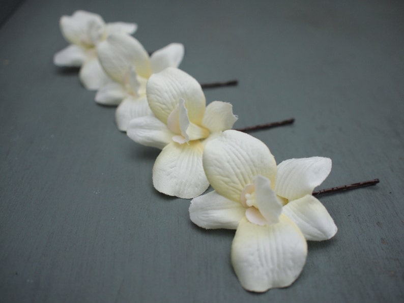 Beautiful Ivory Silk Dendrobium Orchid Bridal Hair Flowers Wedding image 3