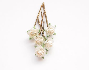 Set of 5 White Bridal Rose Hair Pins, Flower Hair Pins, Bridesmaids Flowergirls