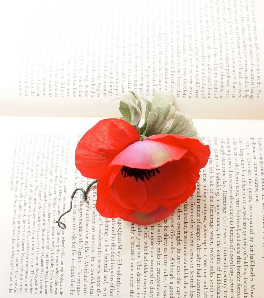 Vibrant Red Silk Poppy Hair Flower or Pin on Corsage