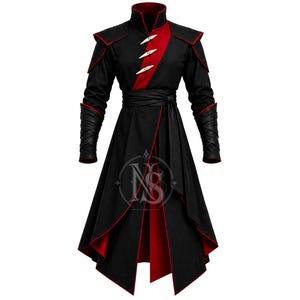 May include: A long-sleeved black coat featuring a high collar, red interior lining, and red trim. The front displays three light-colored, pointed toggle closures over a red diagonal panel. A black sash ties at the waist, and the hem is asymmetrical.