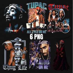 May include: A digital collection of six graphic designs featuring Tupac Shakur. The images include various portraits, the text "Tupac", "All Eyez On Me", "Thug Life", and "6 PNG", showcasing the artist in different outfits, poses, and settings.