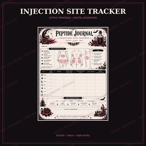 May include: A gothic-themed peptide journal injection site tracker printable featuring a cream-coloured background with black text, anatomical diagrams, skull illustrations, and rose motifs. The document includes sections for tracking dates, doses, injection sites, and site health checks.