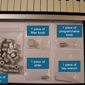 May include: A collection of silver electronic control components including 27 knobs in a plastic bag, one filter knob, one program/value knob, one slider cap, and one hex wrench, all individually packaged and labeled for a musical keyboard.