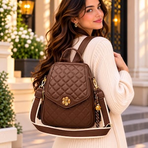 Brown Quilted Leather Look Backpack, Floral Clasp, Shoulder Bag (Gift for Her)