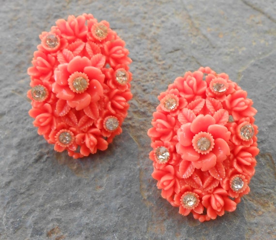 Vintage Coral "Carved" Celluloid Rose Rhinestone … - image 2