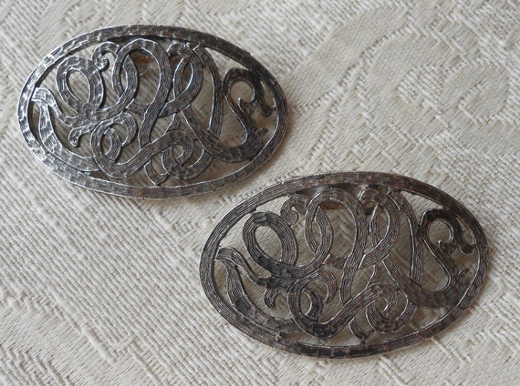 1960's Silver Tone Oval Scroll Shoe Clips - image 1