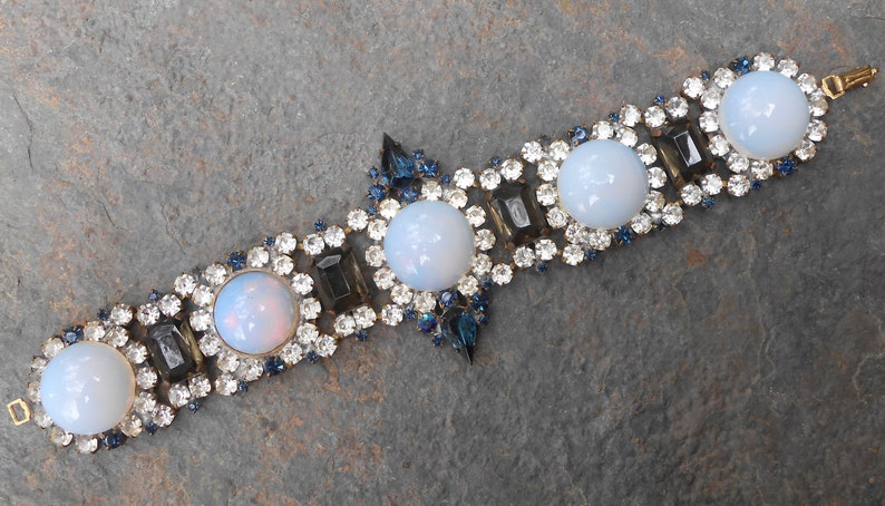 Signed Bijoux Glass Opal Deep Blue Topaz Czech Rhinestone Chunky Bracelet