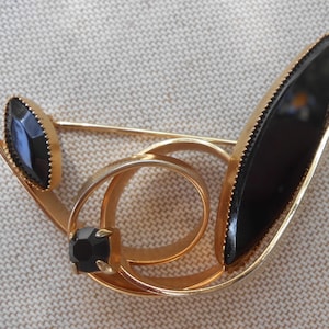 Vintage Abstract Gold Tone Black Glass Rhinestone Brooch