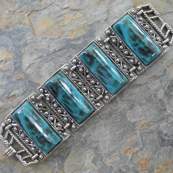 Vintage Selro Selini Silver Tone Turquoise Black Thermoset Chunky Panel Bracelet