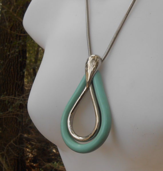 1960's Turquoise Plastic Silver Tone Large Teardr… - image 1