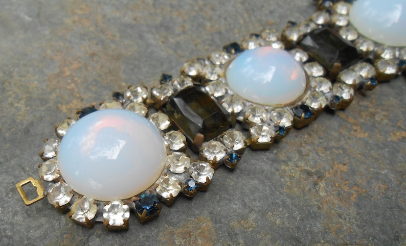 Signed Bijoux Glass Opal Deep Blue Topaz Czech Rhinestone Chunky Bracelet