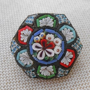 Antique Victorian Italian Micro Mosaic Hexagonal Floral Pin