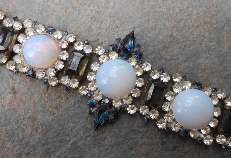 Signed Bijoux Glass Opal Deep Blue Topaz Czech Rhinestone Chunky Bracelet