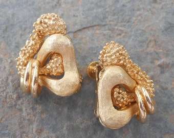 Signed Coro Gold Tone Mod Knot Clip On Earrings