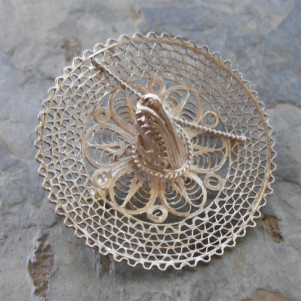 Silver Spun Lace Mexican Sombrero Hat Brooch Pin