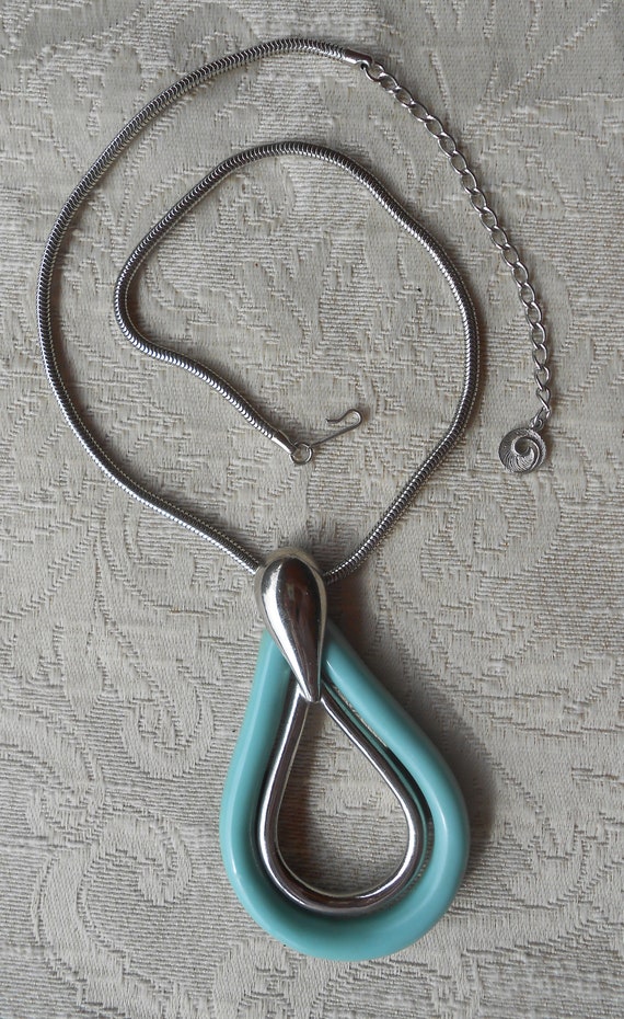 1960's Turquoise Plastic Silver Tone Large Teardr… - image 2