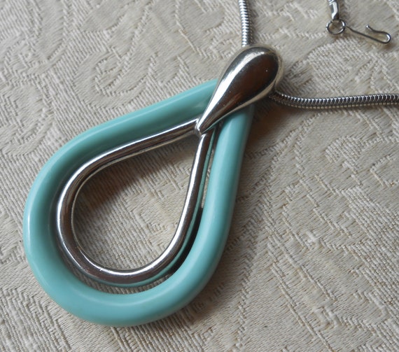 1960's Turquoise Plastic Silver Tone Large Teardr… - image 4