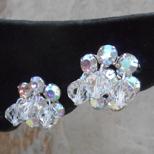 Signed Weiss AB Floret Rhinestone Clip On Earrings with Faceted Clear Bead Dangles