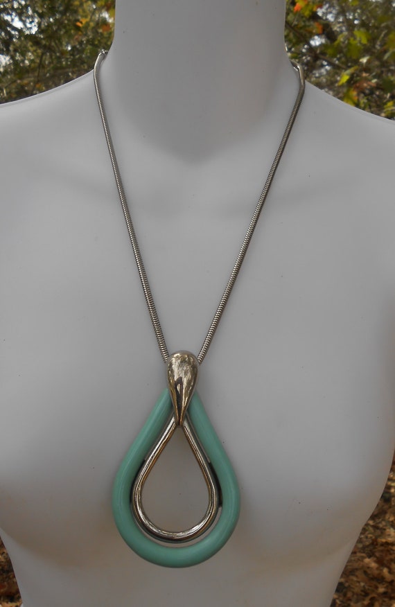 1960's Turquoise Plastic Silver Tone Large Teardr… - image 3